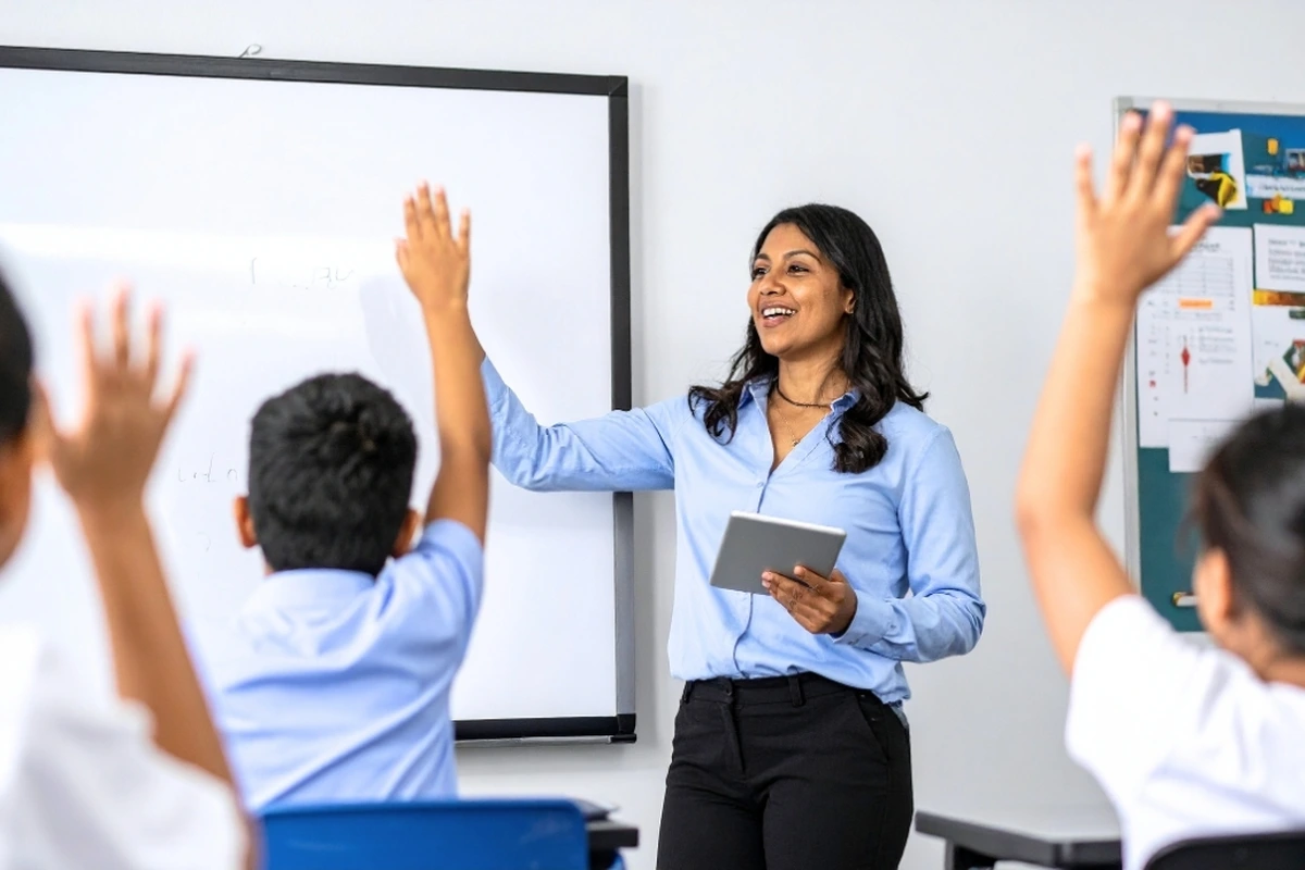 Teacher with tablet engaging students raising hands in a classroom