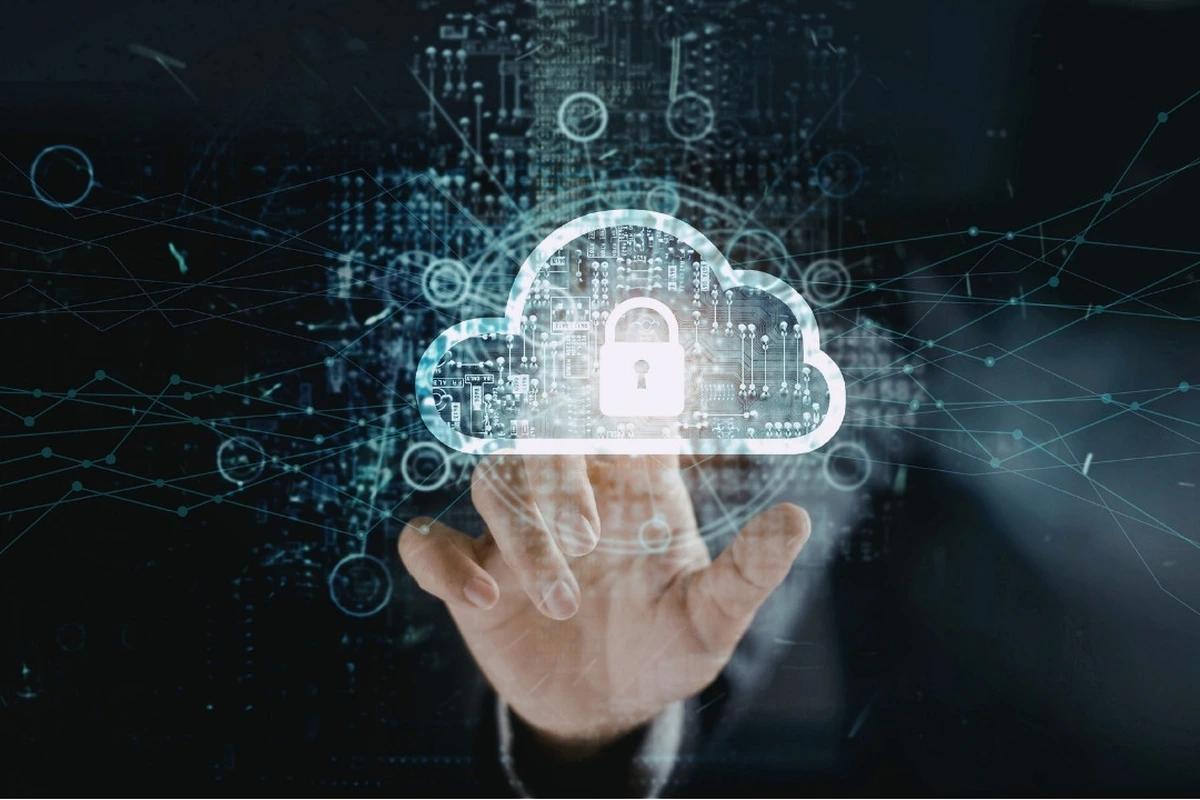 Secure cloud printing icon with padlock on a digital network background