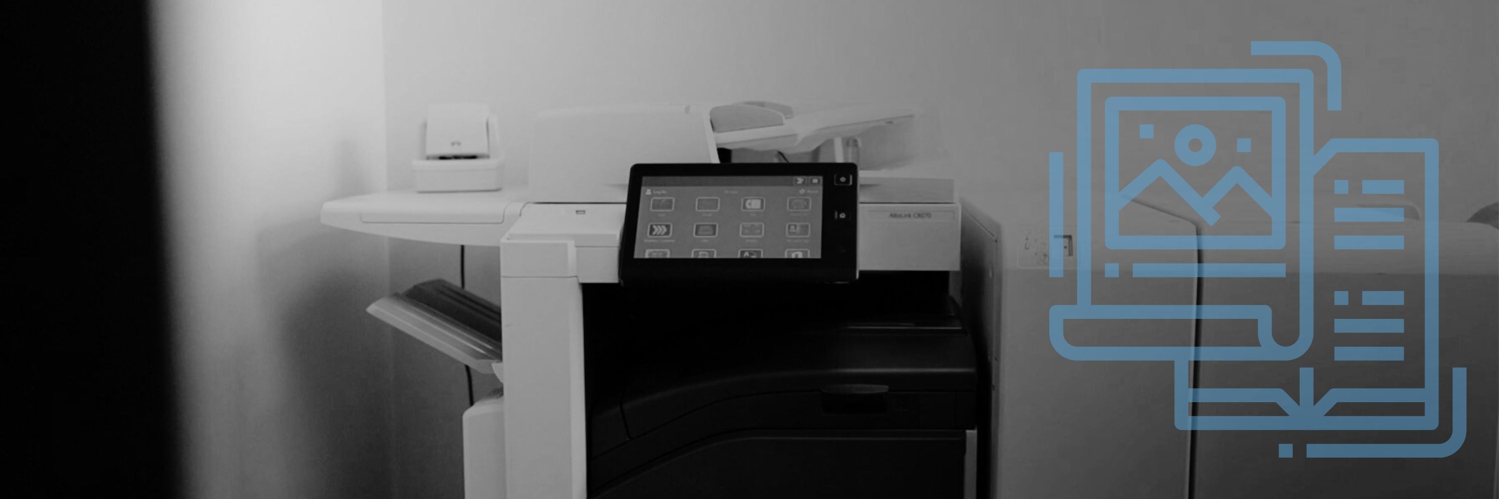 A picture of an office printer with a print media graphic on top
