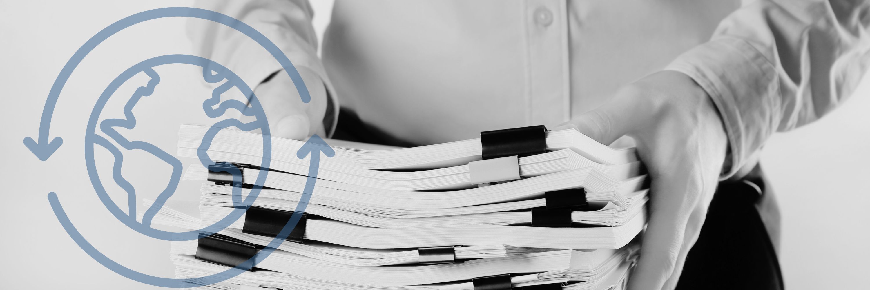 A man holds a stack of papers and there is a graphic overlay of sustainability