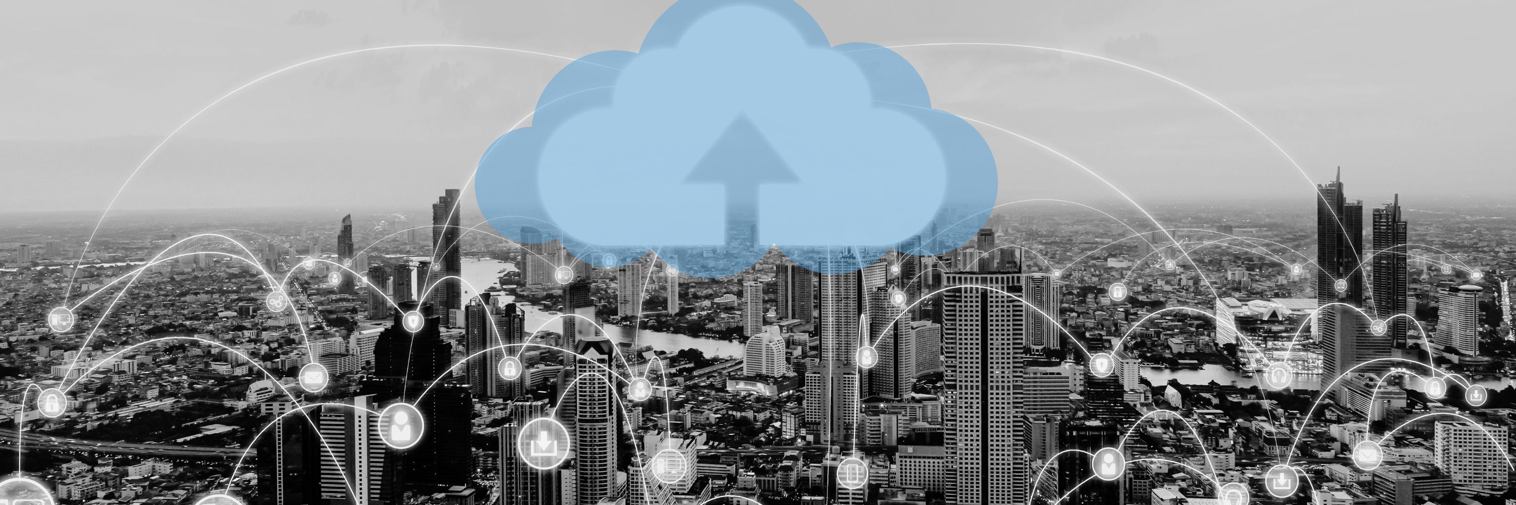A cloud overseeing document processes over a city