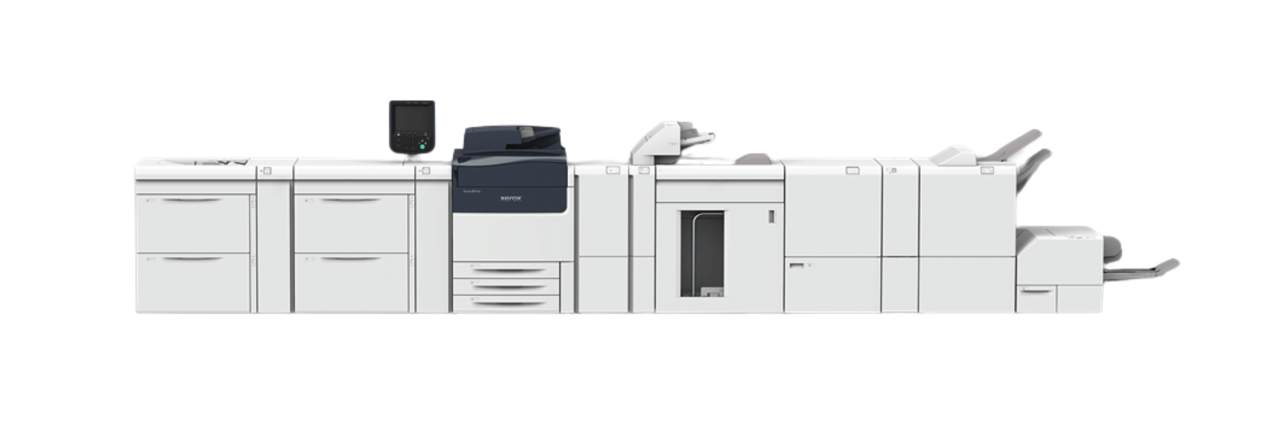 A picture of the Xerox Versant 280 with additional accessories and finishers added on a white background