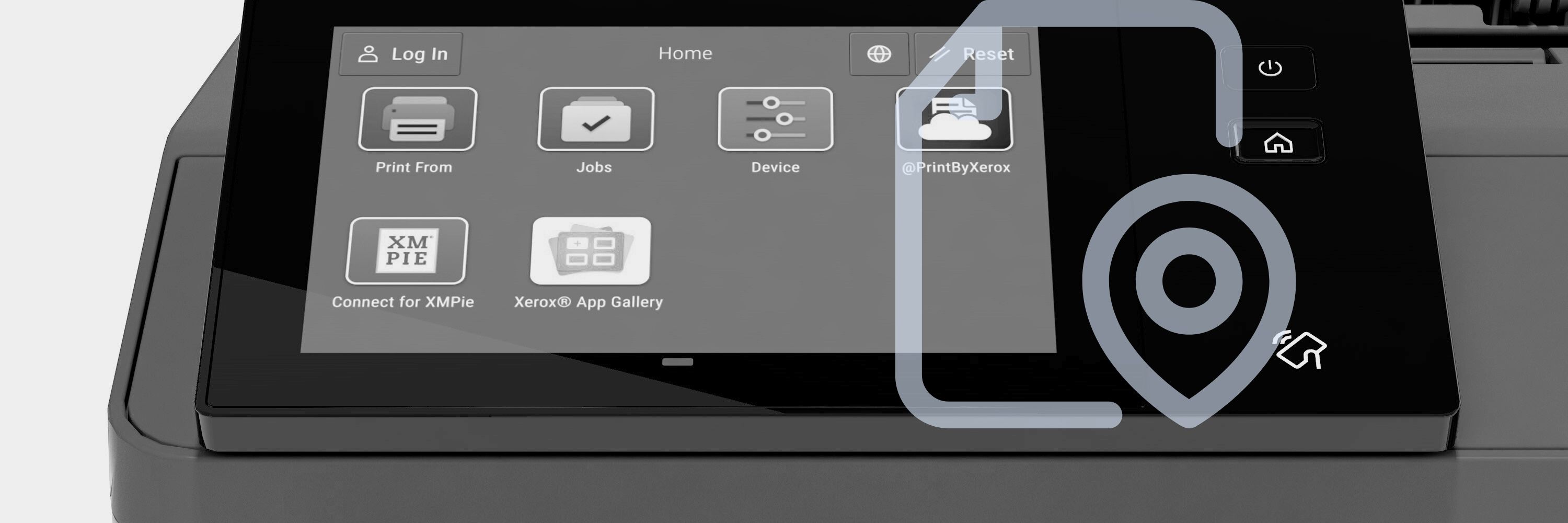 Xerox printer interface with graphic overlay of file location