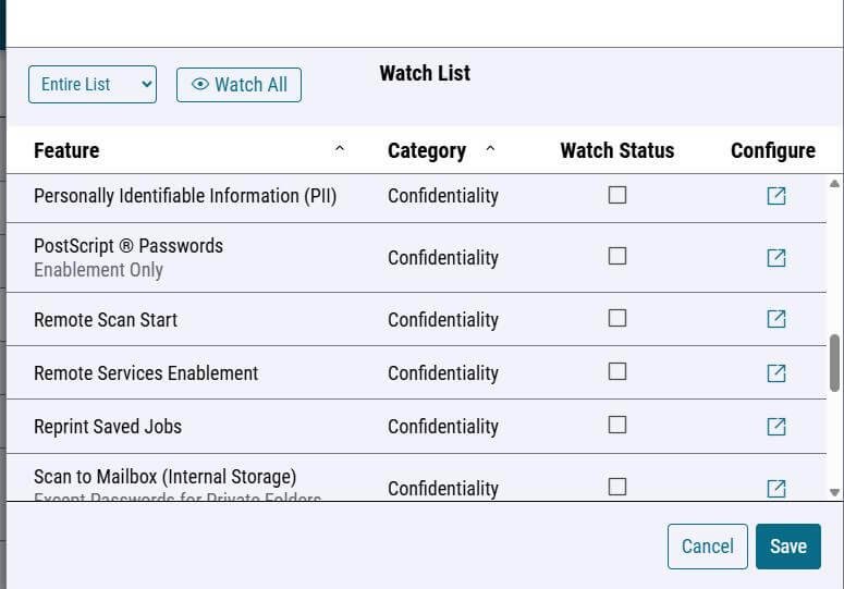 Screenshot of Xerox Configuration Watchdog watch list