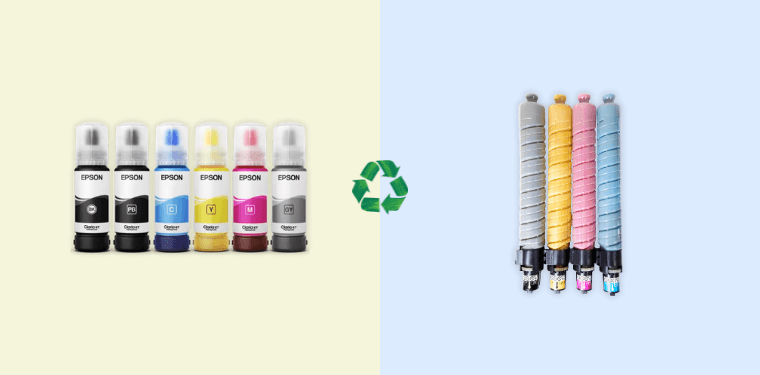Side by side comparison of Epson EcoTank bottles and laser printer toner cartridges
