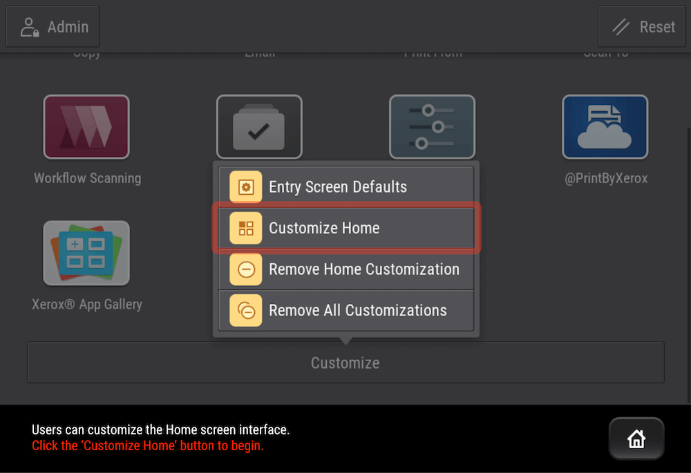 ConnectKey UI Home Screen Customize Menu
