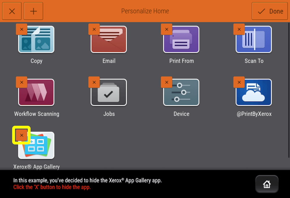 ConnectKey UI Home Screen_Hide an App