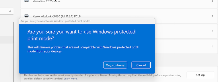 Windows protected print mode activation prompt
