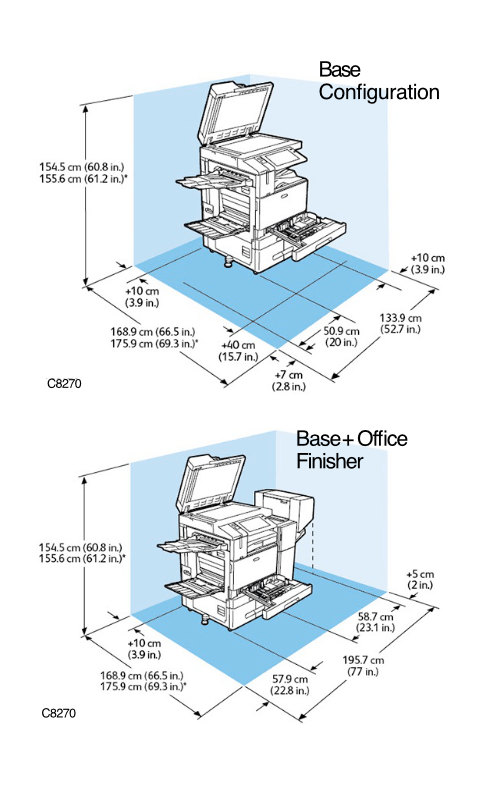 Base configuration & base + office finisher dimensions for Xerox AltaLink C8270 printer