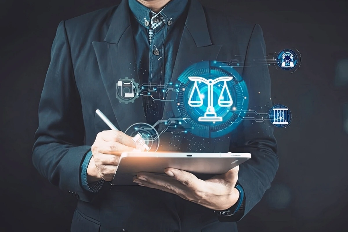 Attorney using tablet with digital legal workflow icons