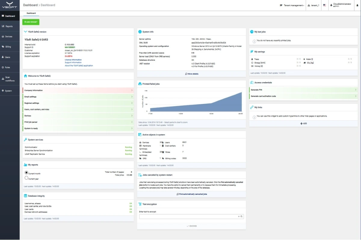 Print management software dashboard showing usage charts and cost data