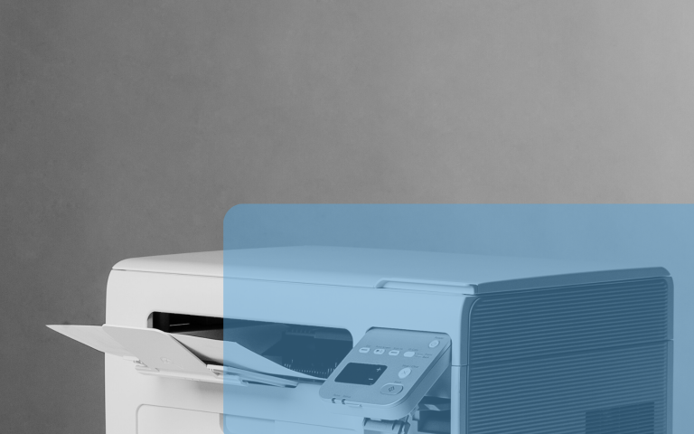 Printer with blue background.