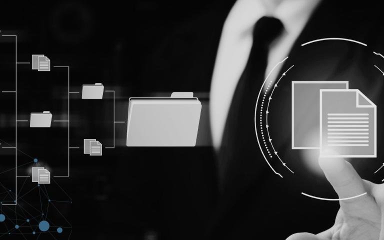 Man interacting with digital document folder