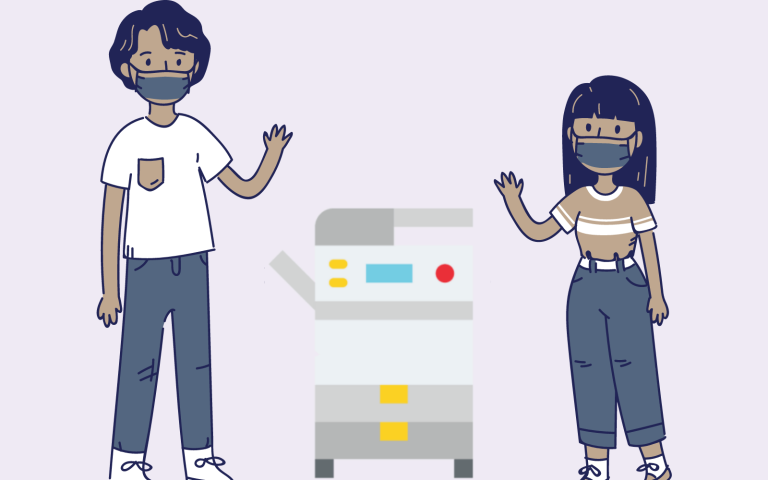 Two animated humans wearing masks next to a copier