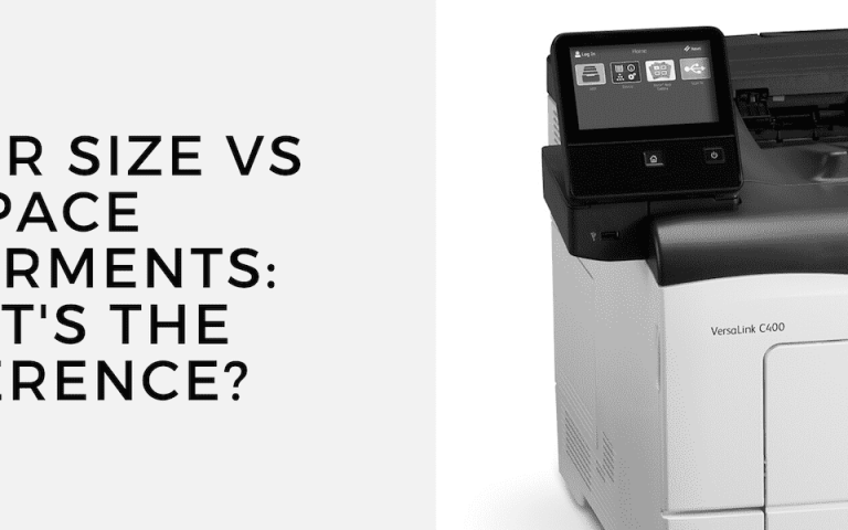 A picture of a printer next to the text "Printer Size vs. Space Requirements: What's the Difference?"