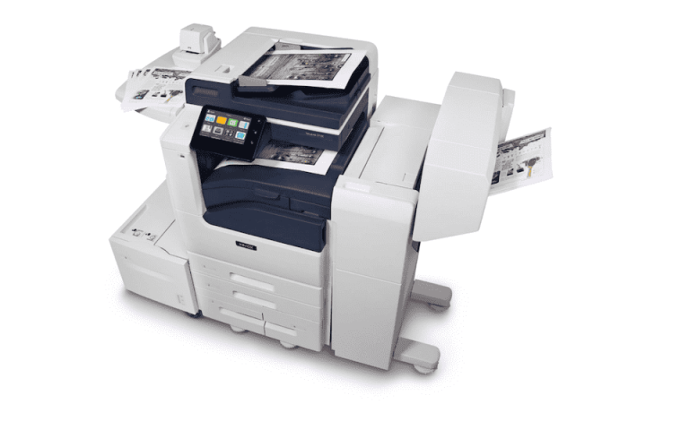 The Xerox VersaLink C7120 with prints displayed in multiple paper trays