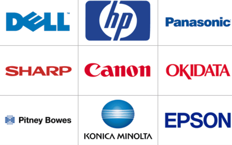 A list of 15 major printer brands with their logos displayed