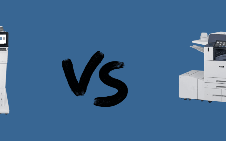 A picture of the HP LaserJet Enterprise M776zs printer model vs. a picture of the Xerox AltaLink C8145 on a blue background