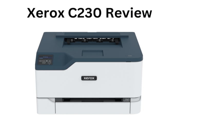 A picture of the Xerox C230 with text reading "Xerox C230 Review" above
