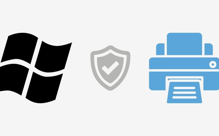 A windows icon next to icons of a protection shield and a printer