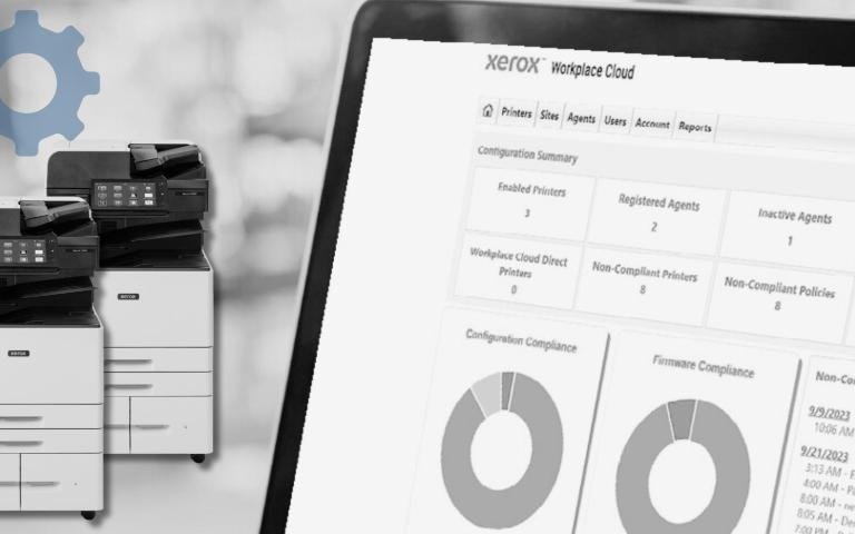 Xerox Workplace Cloud Fleet Management Dashboard next to a fleet of Xerox printers