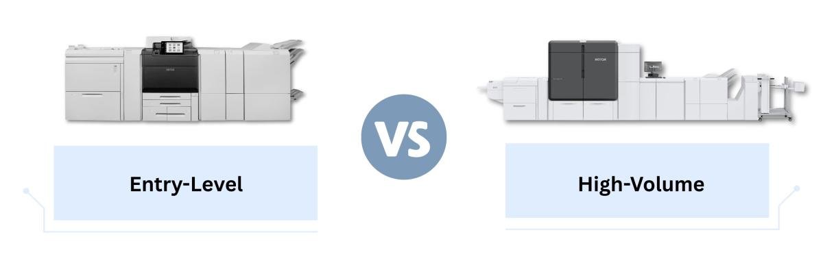 A PrimeLink C9200 Series printer (entry-level) on the left and a Xerox Iridesse (high-volume) Press on the right