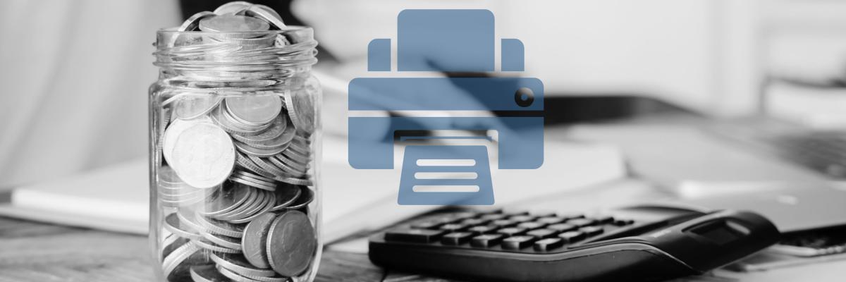 A jar full of coins in an office with an overlay of a printer