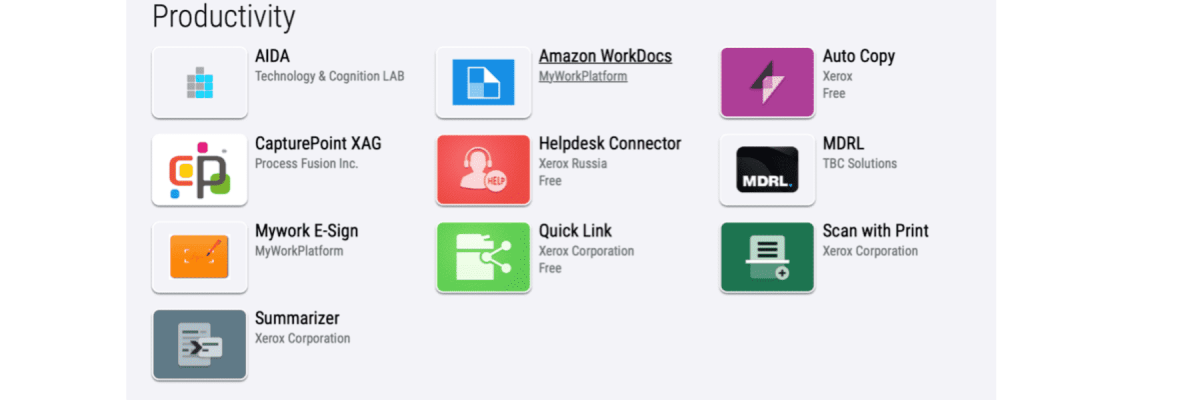 A list of the printer productivity apps in the Xerox App Gallery