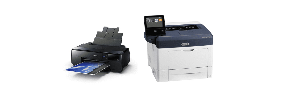 An epson inkjet printer next to a Xerox laser printer