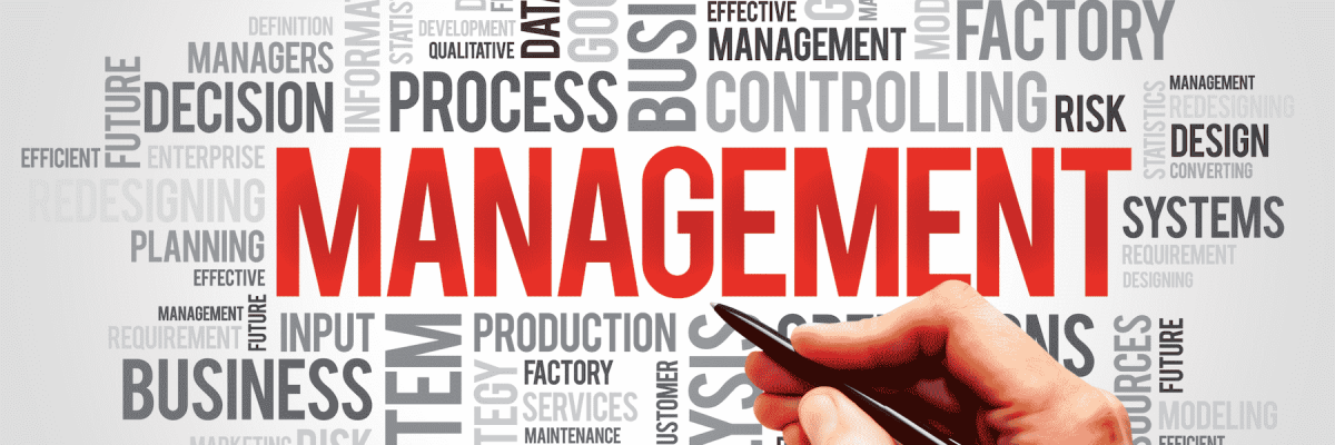 A scramble of works with management at the center in red font