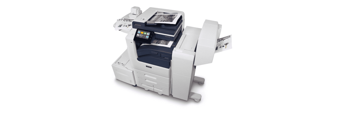 The Xerox VersaLink C7120 with prints displayed in multiple paper trays