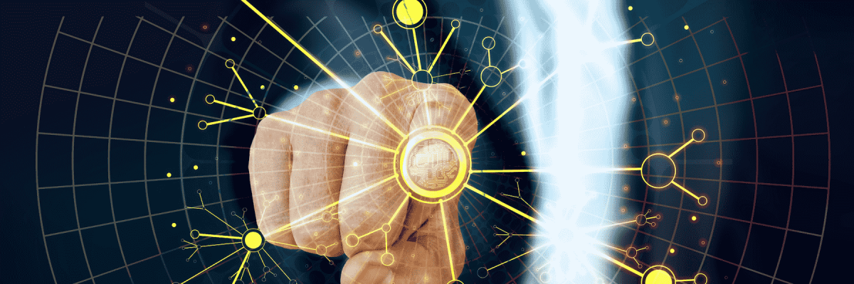 Person making a fist at a network diagram