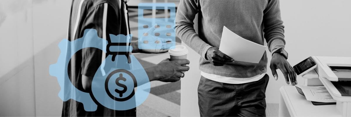 Workers holding documents near a printer