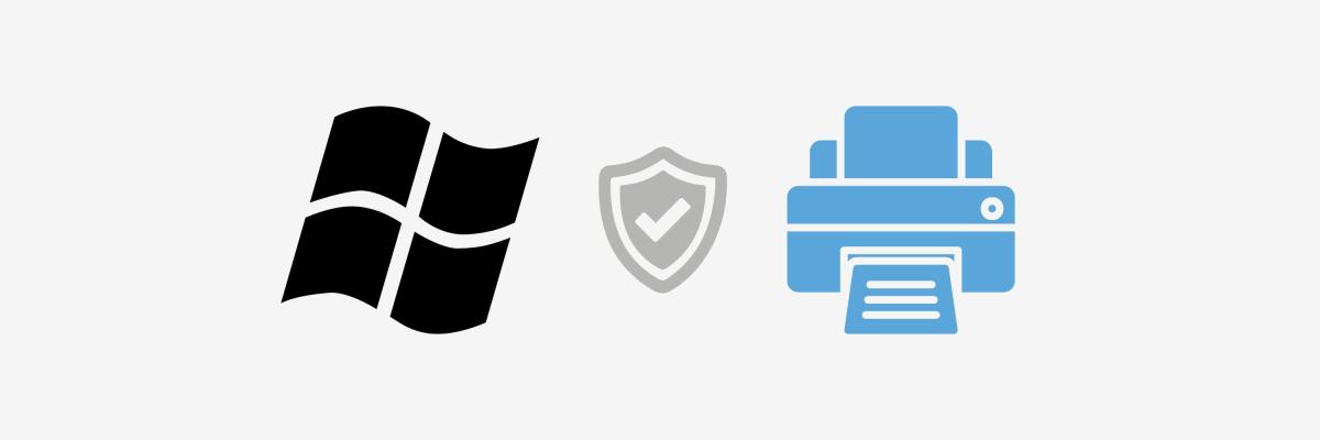A windows icon next to icons of a protection shield and a printer