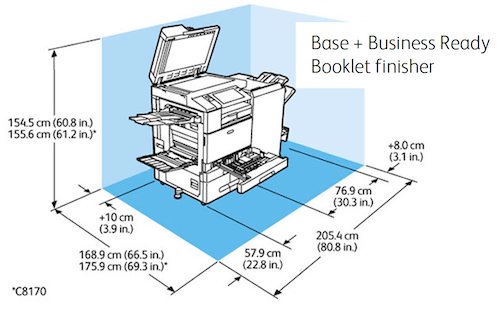 Space requirements and base configuration for the Xerox AltaLink B8170 + booklet finisher