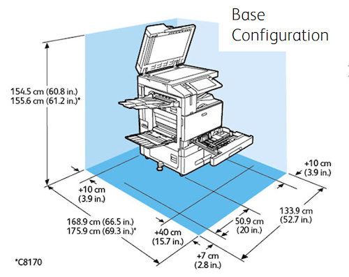 Space requirements and base configuration for the Xerox AltaLink B8170