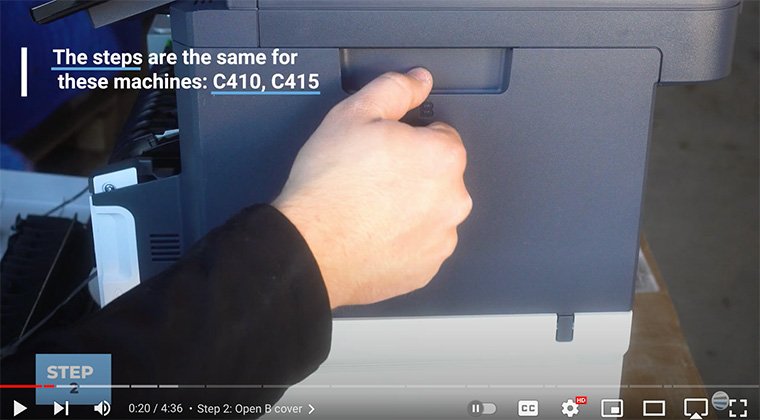 Printer technician opens side cover 'B' of Xerox VersaLink C410/C415