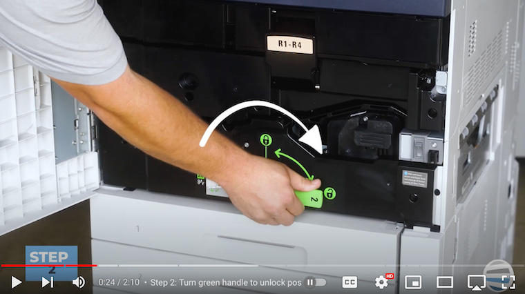 Printer technician unlocks fuser assembly drawer on Xerox PrimeLink C9065/C9070/C60/C70 Printer