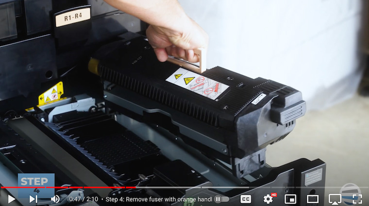 Printer technician removes fuser assembly on Xerox PrimeLink C9065/C9070/C60/C70 Printer